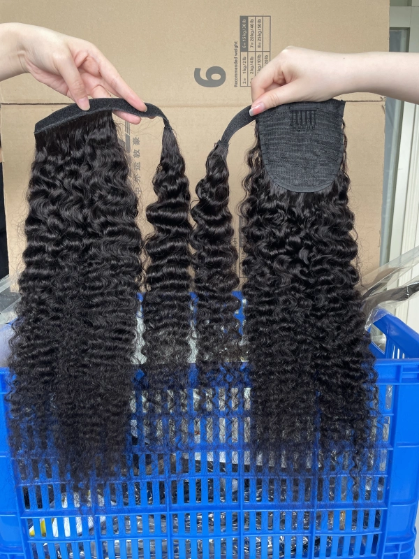 iqueenla 100% Raw Hair Indian Curly Clip in Weave Ponytail Extensions