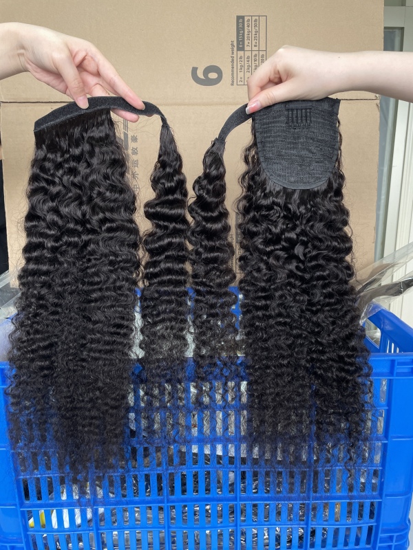 iqueenla 100% Raw Hair Indian Curly Clip in Weave Ponytail Extensions