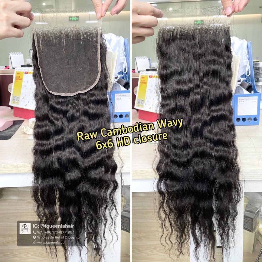 iqueenla Raw Hair Cambodian Wavy Transparent and HD Lace Closure/Frontal