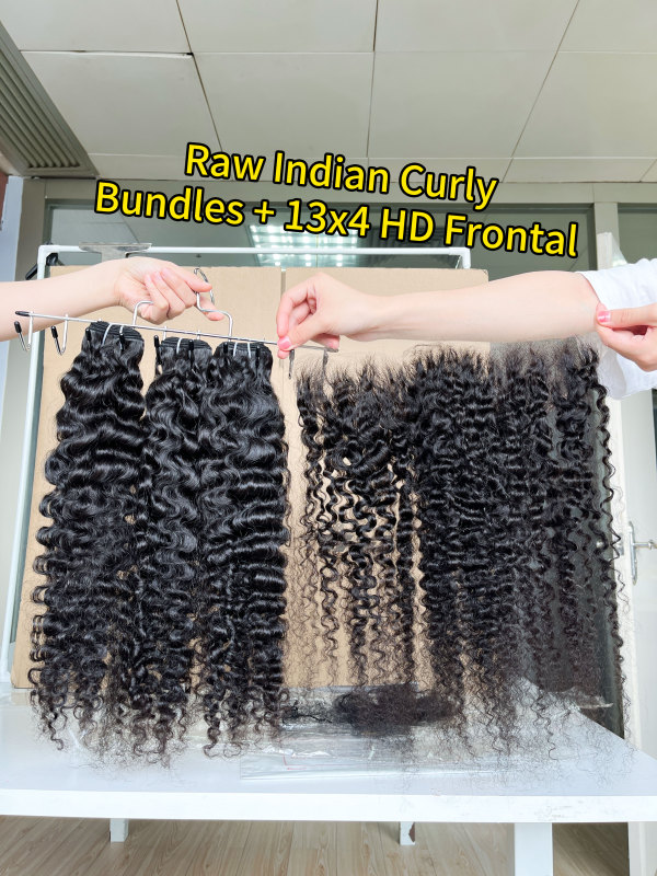 iqueenla Real Raw Hair Indian Curly 3 Bundles with 13x4 HD Lace Frontal