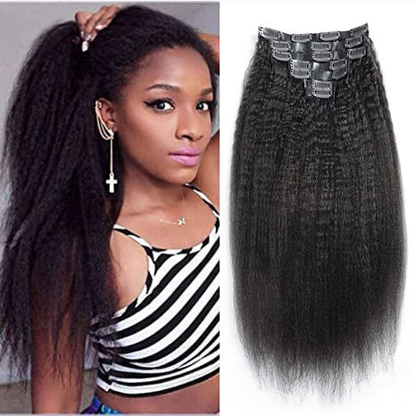 iqueenla Kinky Straight Mink Hair Seamless Clip-In Hair Extensions 7Pcs/Set