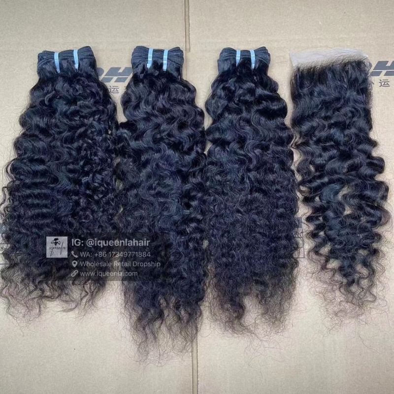 iqueenla Indian Curly 3 Bundles with 4x4 HD & Transparent Lace Closure