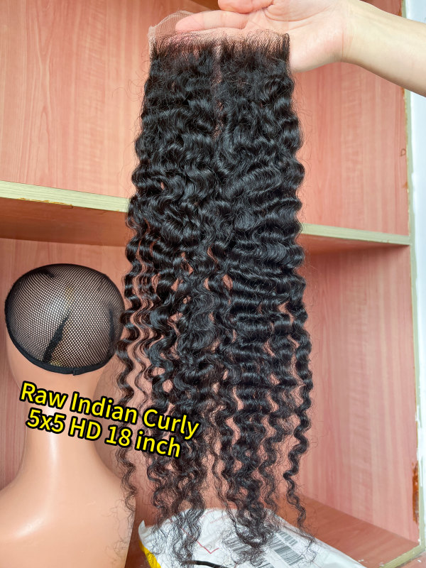 iqueenla Indian Curly 3 Bundles with 5x5 HD And Transparent Lace Closure