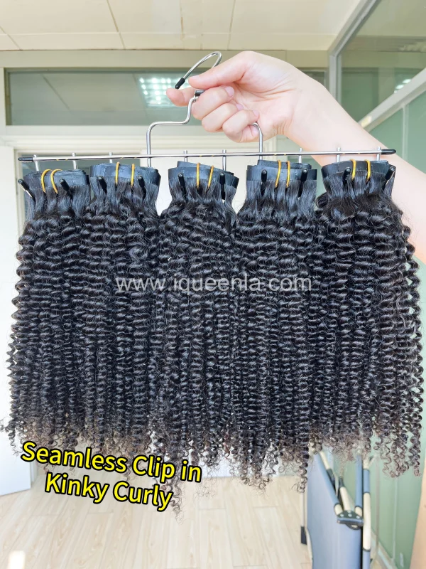 iqueenla Kinky Curly 7Pcs/Set Seamless Clip-In Hair Extensions Single/3/4 Bundles Deals