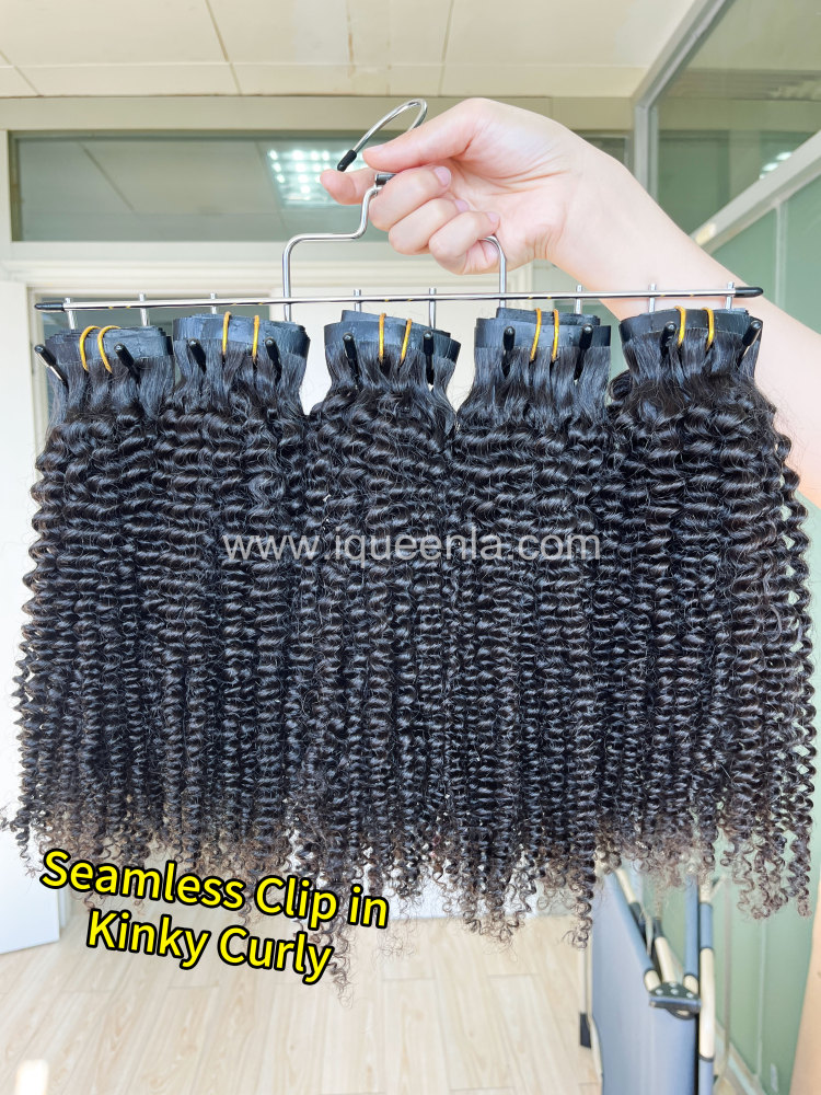 iqueenla Kinky Curly 7Pcs/Set Seamless Clip-In Hair Extensions Single/3/4 Bundles Deals