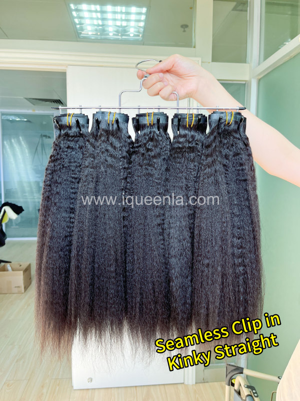 iqueenla Kinky Straight Seamless Clip-In Hair Extensions 7Pcs/Set Single/3/4 Bundles Deals