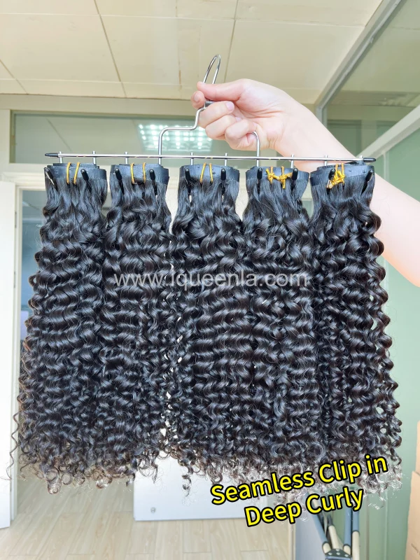 iqueenla Deep Curly 7Pcs/Set Seamless Clip-In Hair Extensions Single/3/4 Bundles Deals