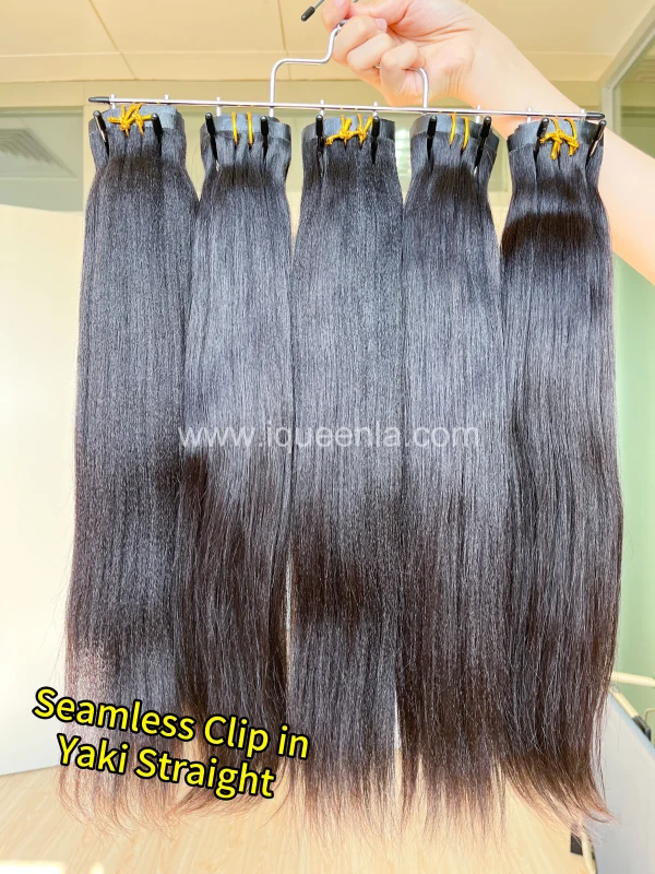 iqueenla Seamless Clip-In Yaki Straight Hair Extensions 7Pcs/Set Single/3/4 Bundles Deals