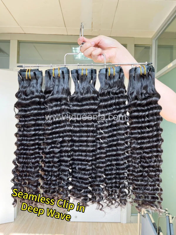 iqueenla Deep Wave 7Pcs/Set Seamless Clip-In Hair Extensions Single/3/4 Bundles Deals