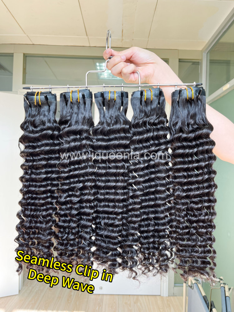 iqueenla Deep Wave 7Pcs/Set Seamless Clip-In Hair Extensions Single/3/4 Bundles Deals