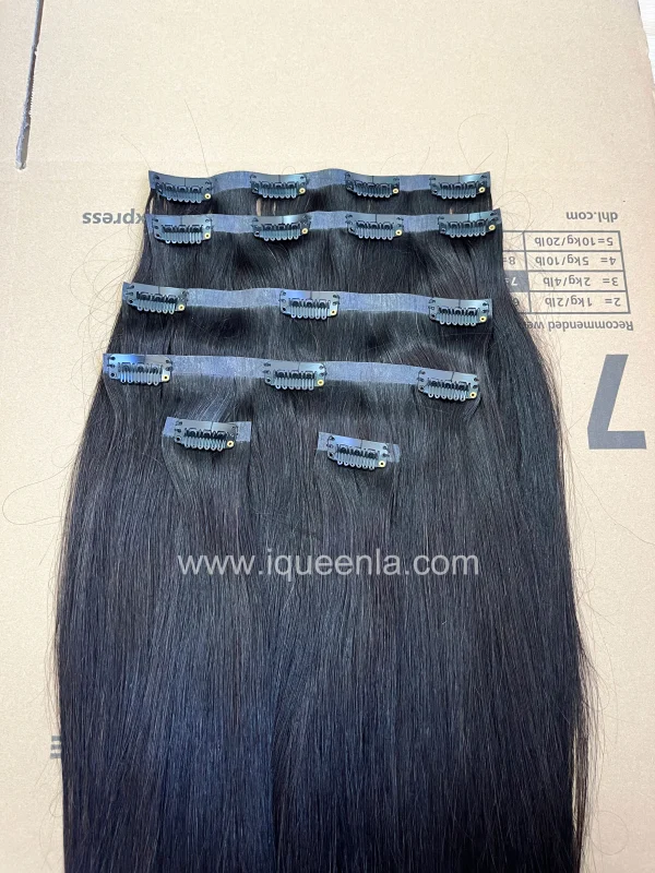 iqueenla Kinky Straight Seamless Clip-In Hair Extensions 7Pcs/Set Single/3/4 Bundles Deals