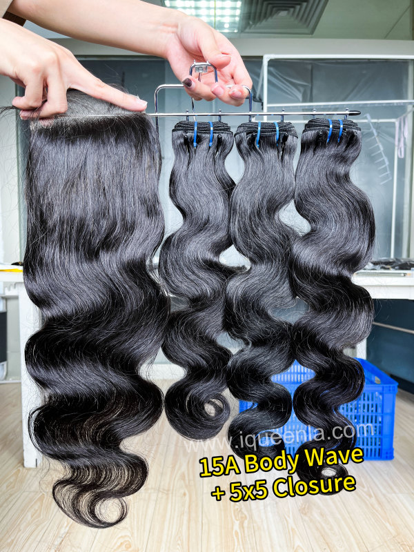iqueenla 15A Body Wave Virgin Hair 3 Bundles with 5x5 HD Invisible Lace Closure