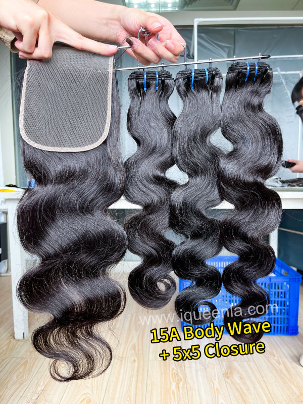 iqueenla 15A Body Wave Virgin Hair 3 Bundles with 5x5 Transparent Lace Closure