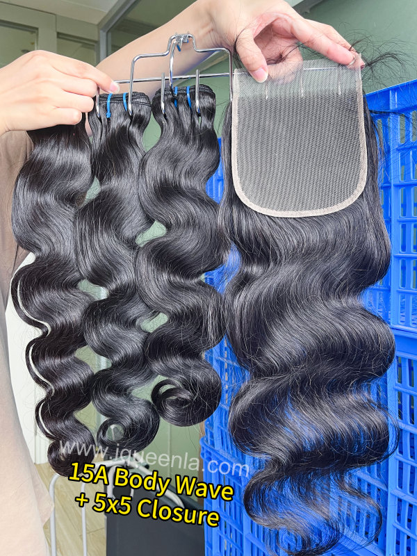 iqueenla 15A Body Wave Virgin Hair 3 Bundles with 5x5 Transparent Lace Closure