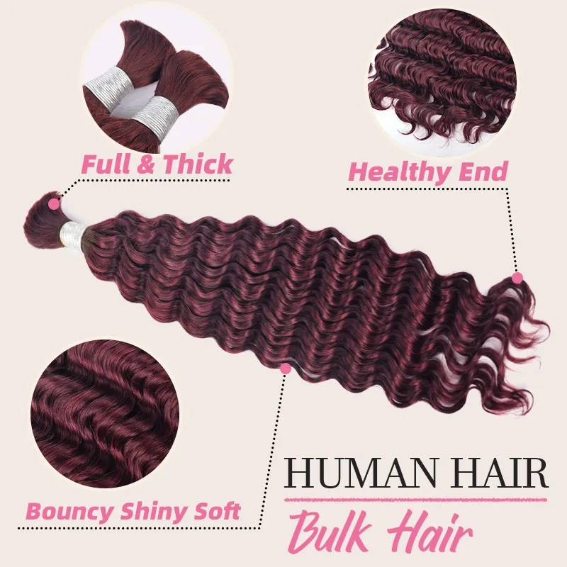 iqueenla #99j Burgundy Color Deep Wave Human Hair Bulk Braiding 1/3/4 Bundles Deals