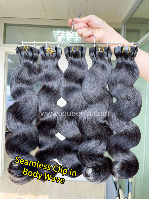 iqueenla Body Wave 6Pcs/Set Seamless Clip-In Hair Extensions 1/3/4 Bundles Deals