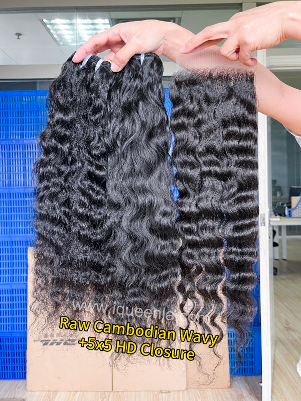 iqueenla Cambodian Wavy 3 Bundles with 5x5 HD And Transparent Lace Closure
