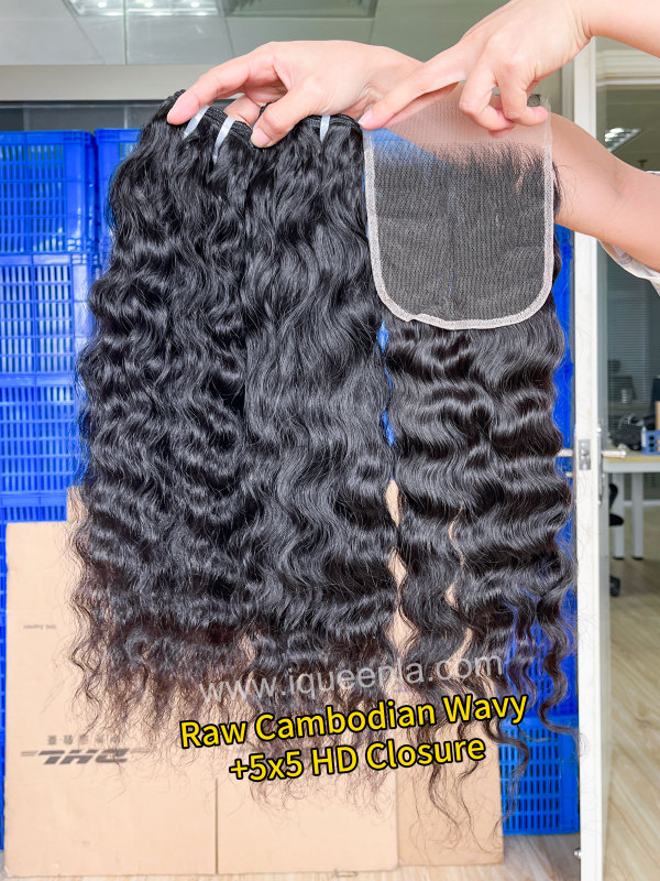 iqueenla Cambodian Wavy 3 Bundles with 5x5 HD And Transparent Lace Closure