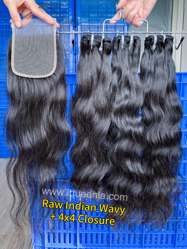 iqueenla Indian Wavy 3 Bundles with 4x4 HD &Transparent Lace Closure
