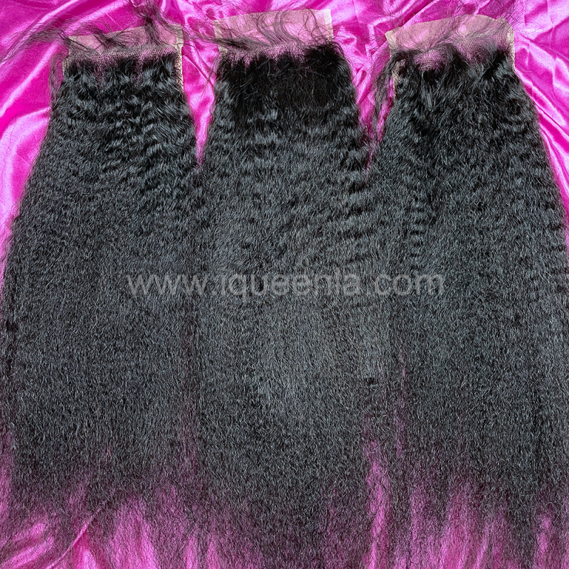 iqueenla 15A Virgin Hair Kinky Straight 3 Bundles with 4x4 HD And Transparent Lace Closure