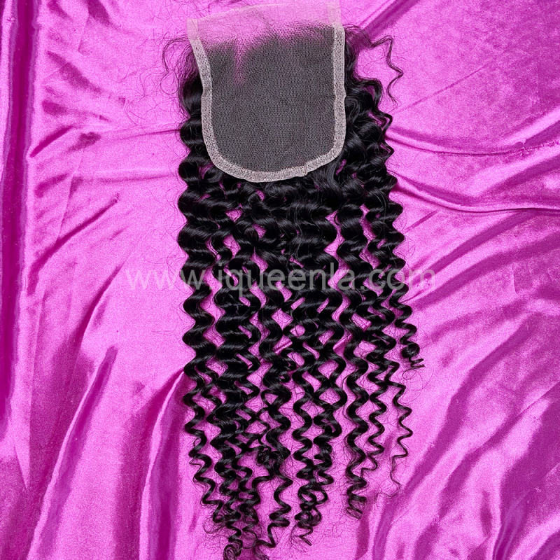 iqueenla 15A Double Drawn Deep Curly 3 Bundles with 4x4 Transparent Lace Closure