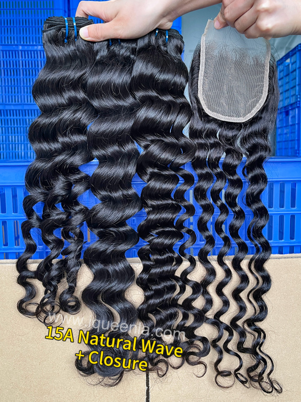 iqueenla 15A Virgin Hair 3 Bundles Natural Wave with 4x4 HD And Transparent Lace Closure
