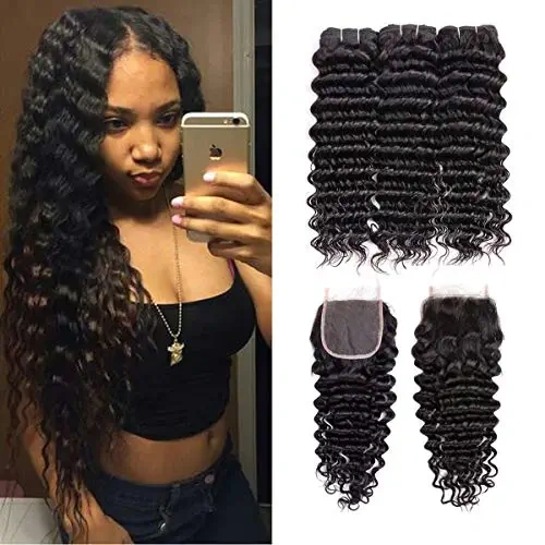 iqueenla 15A Virgin Hair 3 Deep Wave Bundles with 4x4 HD And Transparent Lace Closure