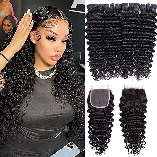 iqueenla 15A Virgin Deep Wave Hair 3 Bundles with 5x5 HD With Transparent Lace Closure