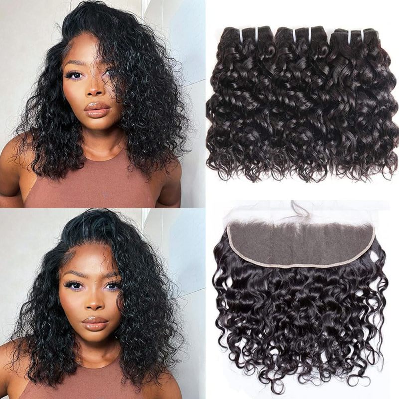 iqueenla Water Wave 15a Hair 3 Bundles with 13x4 HD And Transparent Lace Frontal