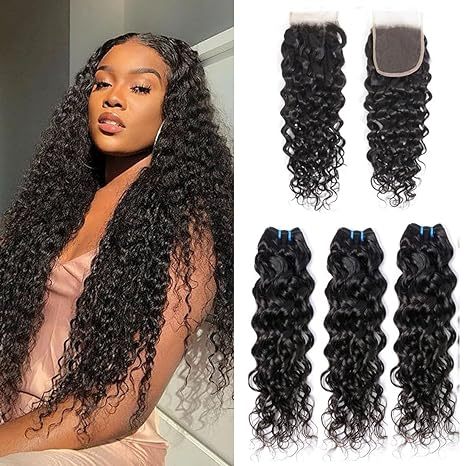 iqueenla 15A Virgin Hair Water Wave 3 Pcs with 4x4 HD And Transparent Lace Closure