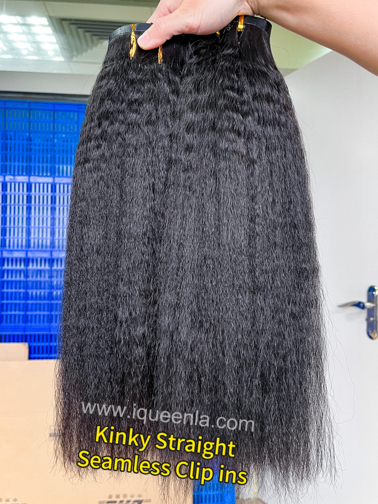 iqueenla Kinky Straight Seamless Clip-In Hair Extensions 1/3/4 Packs 6/18/24Pcs Deal