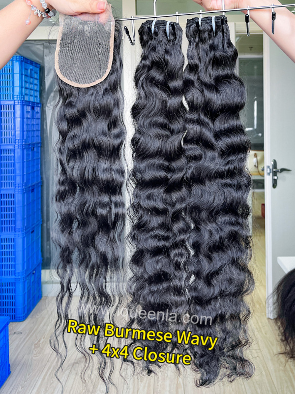 iqueenla Burmese Wavy 3 Hair Bundles with 4x4 HD & Transparent Lace Closure