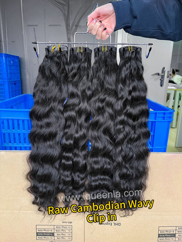 iqueenla Raw Cambodian Wavy Seamless Clip-In Hair Extensions 1/3/4 Packs 6/18/24Pcs Deal