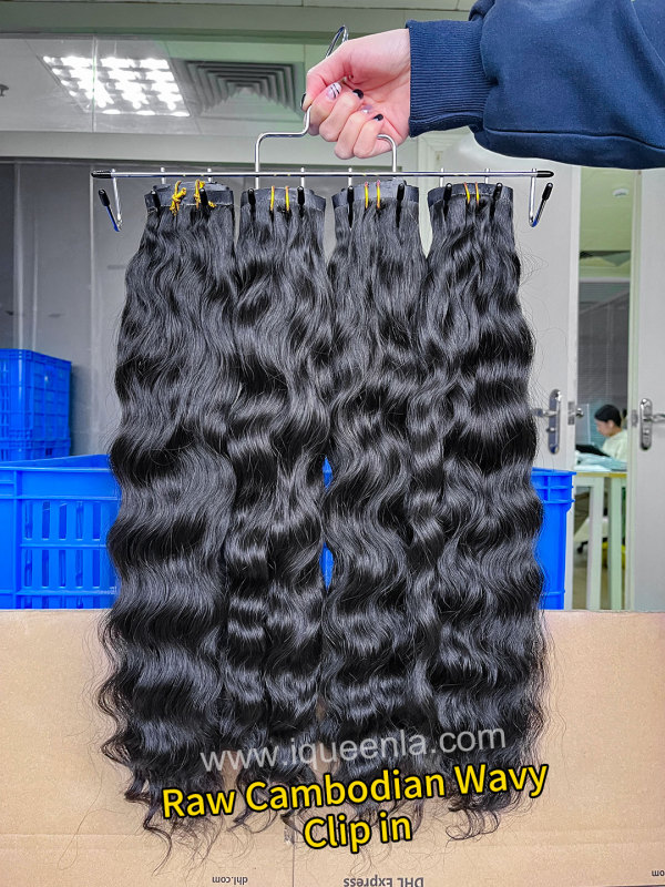 iqueenla Raw Cambodian Wavy Seamless Clip-In Hair Extensions 1/3/4 Packs 6/18/24Pcs Deal