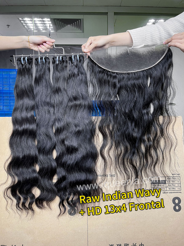 iqueenla Indian Wavy 3 Bundles with 13x4 HD & Transparent Lace Frontal