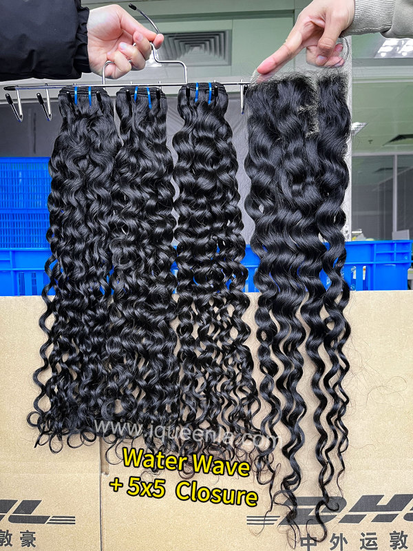 iqueenla 15A Virgin Water Wave Hair 3 Bundles with 5x5 HD With Transparent Lace Closure