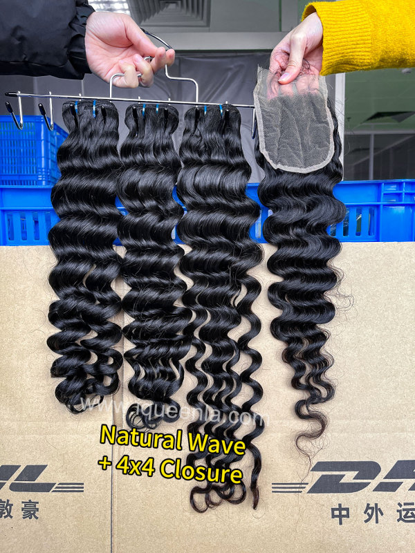 iqueenla 15A Virgin Hair 3 Bundles Natural Wave with 4x4 HD And Transparent Lace Closure