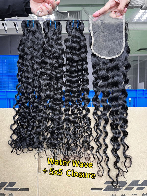iqueenla 15A Virgin Water Wave Hair 3 Bundles with 5x5 HD With Transparent Lace Closure