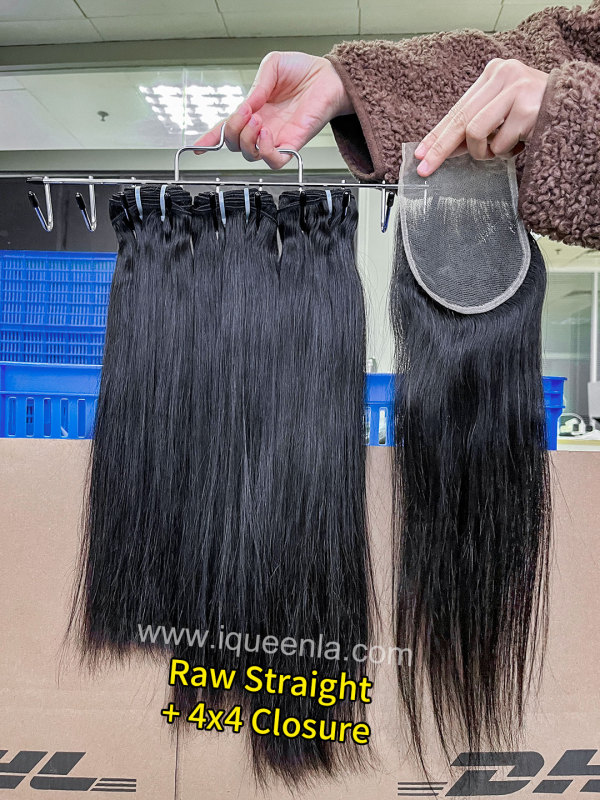 iqueenla Raw Straight Hair 3 Bundles with 4x4 HD &amp; Transparent Lace Closure