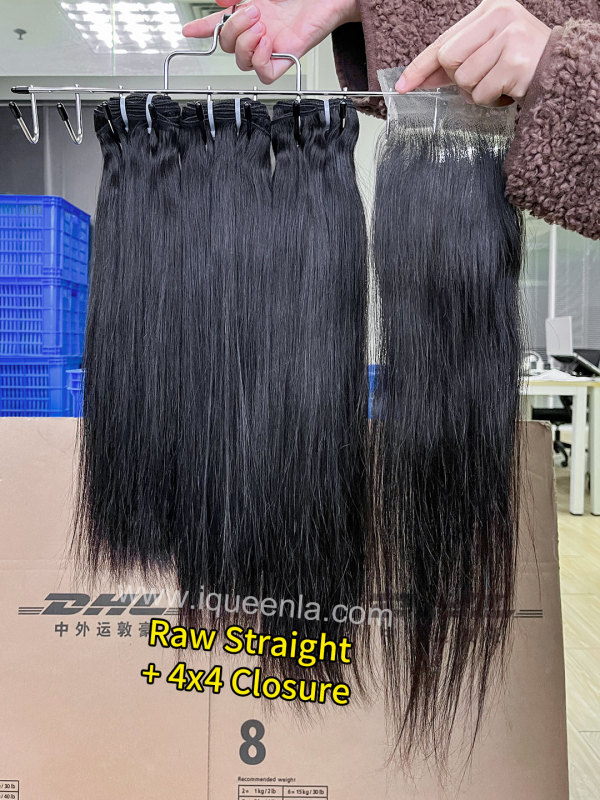iqueenla Raw Straight Hair 3 Bundles with 4x4 HD &amp; Transparent Lace Closure