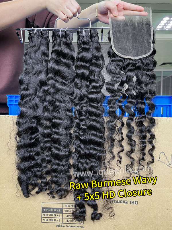 iqueenla Burmese Wavy 3 Bundles with 5x5 HD And Transparent Lace Closure
