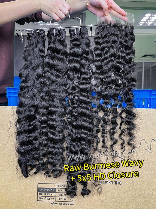 iqueenla Burmese Wavy 3 Bundles with 5x5 HD And Transparent Lace Closure