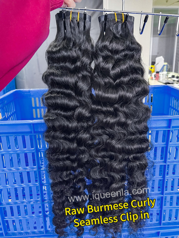 iqueenla Raw Burmese Curly Seamless Clip-In Hair Extensions 1/3/4 Packs 6/18/24Pcs Deal
