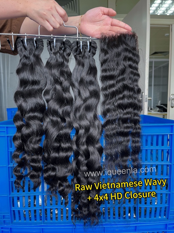 iqueenla Vietnamese Wavy 3 Hair Bundles with 4x4 HD & Transparent Lace Closure