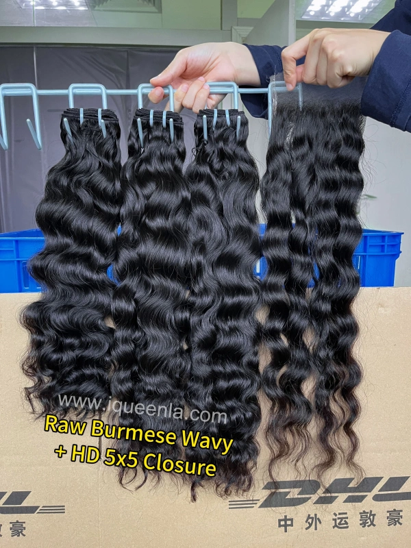 iqueenla Burmese Wavy 3 Bundles with 5x5 HD And Transparent Lace Closure
