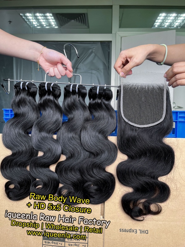 iqueenla Raw Body Wave 3 Bundles with 5x5 HD And Transparent Lace Closure