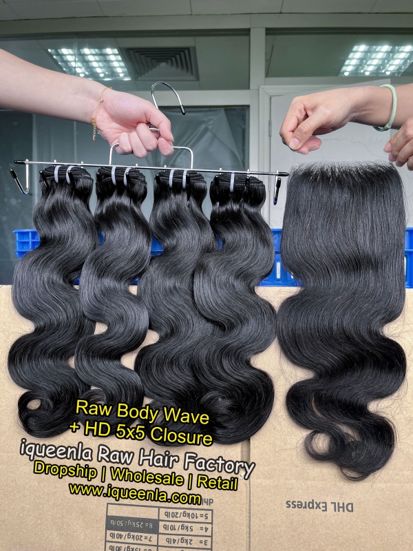 iqueenla Raw Body Wave 3 Bundles with 5x5 HD And Transparent Lace Closure