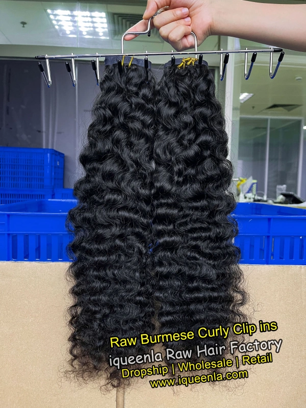 iqueenla Raw Burmese Curly Seamless Clip-In Hair Extensions 1/3/4 Packs 6/18/24Pcs Deal