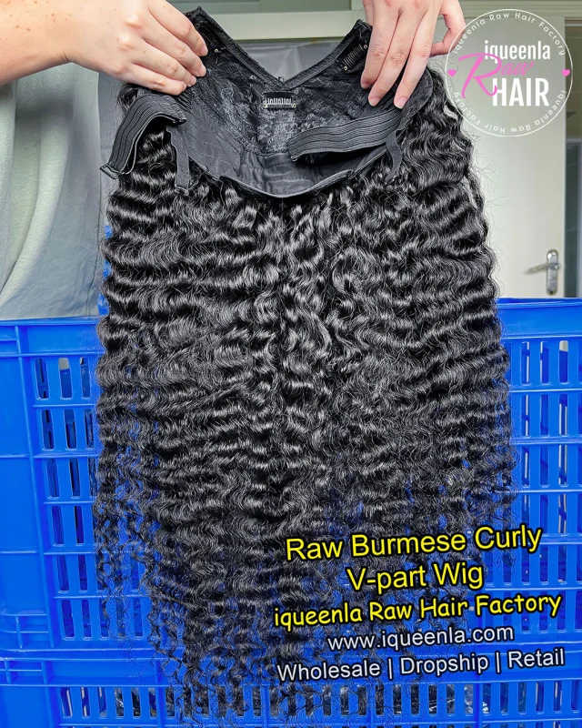 iqueenla Raw Hair Burmese Curly V Part Wig 200% & 300% Density