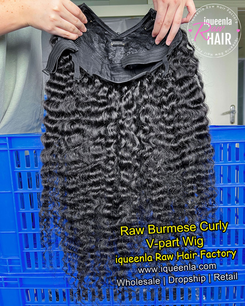 iqueenla Raw Hair Burmese Curly V Part Wig 200% & 300% Density